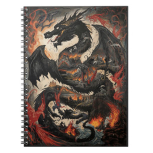 Epic Black Dragon Over Burning Castle Fantasy Art Notebook