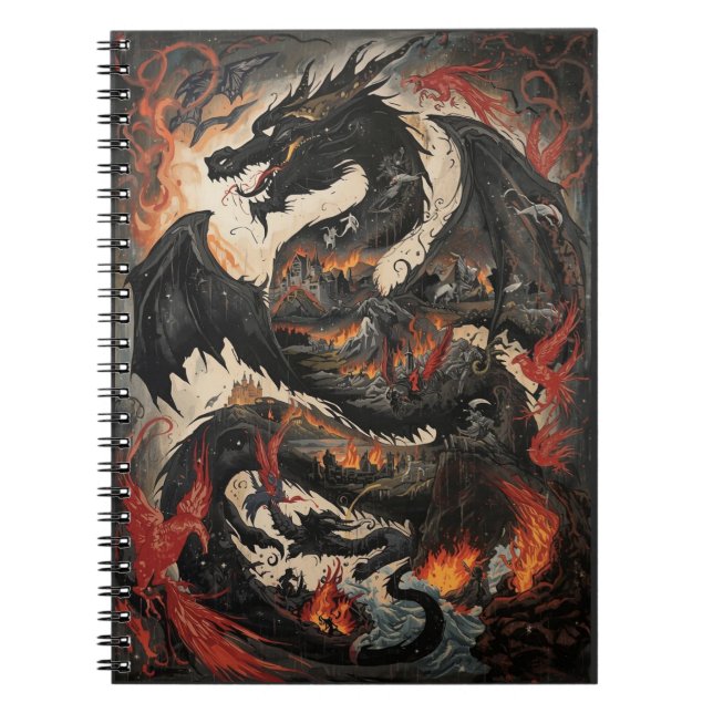 Epic Black Dragon Over Burning Castle Fantasy Art Notebook (Front)