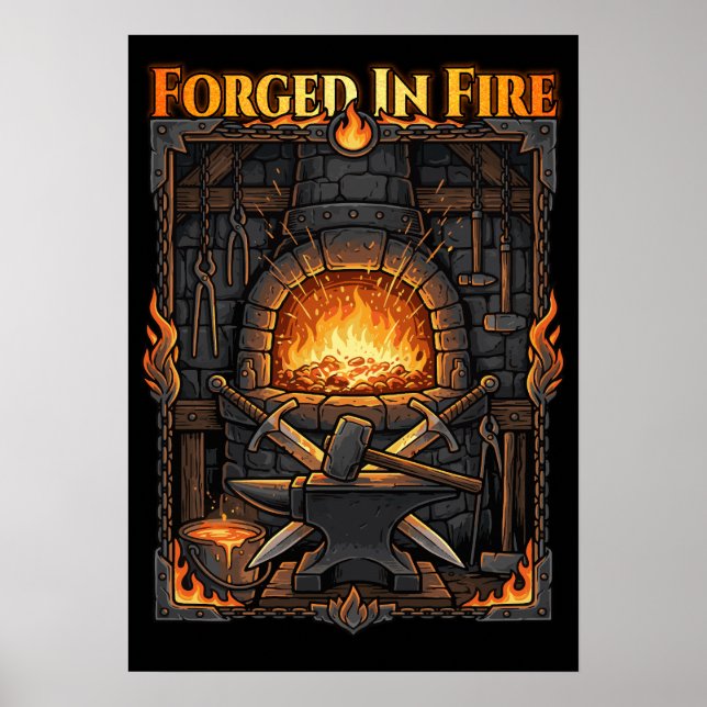 Epic Blacksmith Forge Anvil & Swords Fantasy Art Poster (Front)