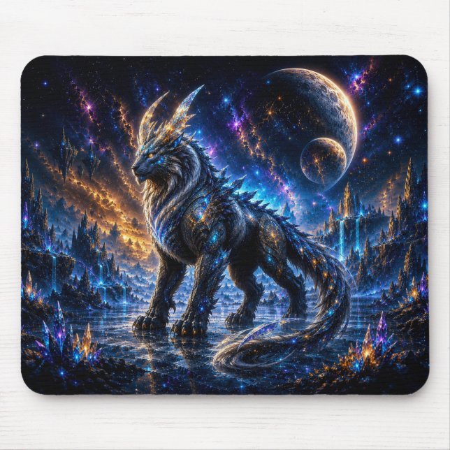 Epic Blue & Gold Celestial Wolf Mouse Pad (Front)