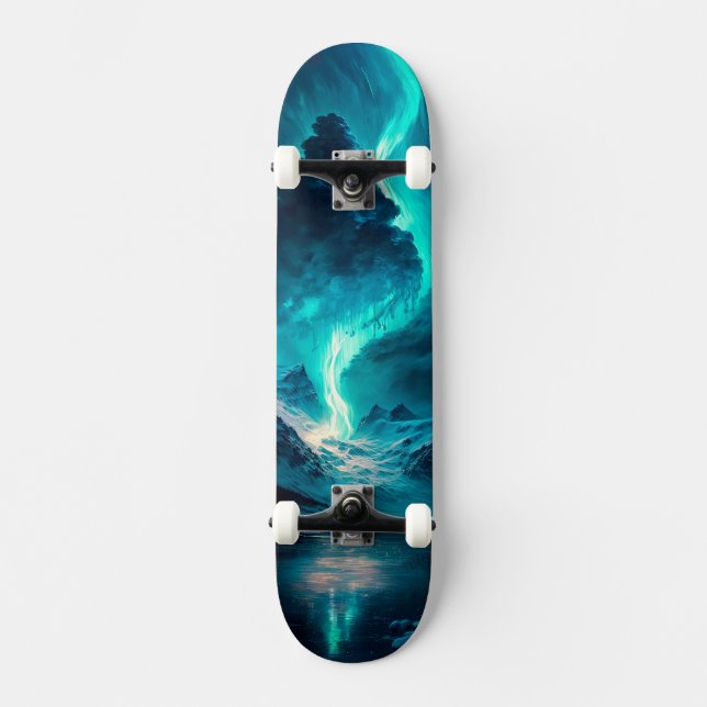 Epic Blue Sky and Mountains with Northern Lights Skateboard (Front)
