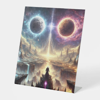 Epic celestial battlefield illustration round cloc pedestal sign