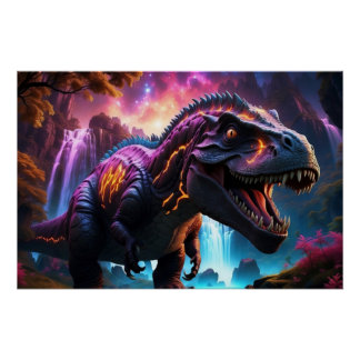 Epic Cosmic Dinosaur Fantasy Vibrant Landscape Pos Poster