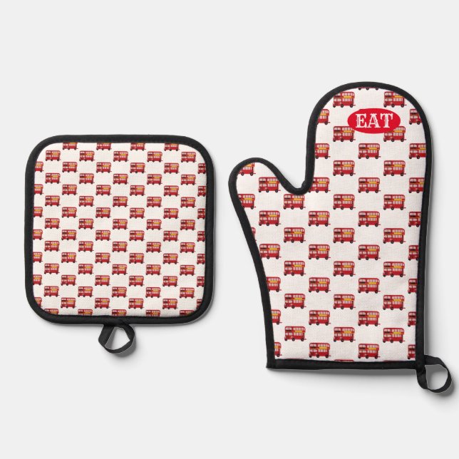 Epic Double Decker London Red Bus Oven Mitt & Pot Holder Set (Front)