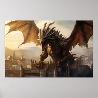 Epic Dragon Over Mediaeval City Poster