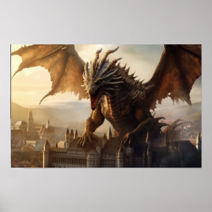 Epic Dragon Over Medieval City Poster