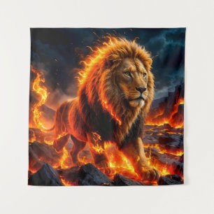 Epic Flaming Lion in Lava Landscape Tapestry