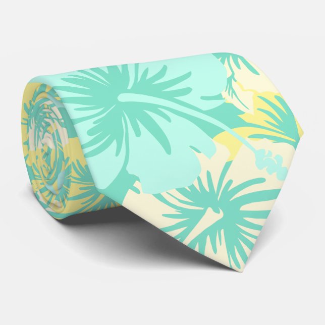 Epic Floral Hibiscus Hawaiian Mint Green Tie (Rolled)