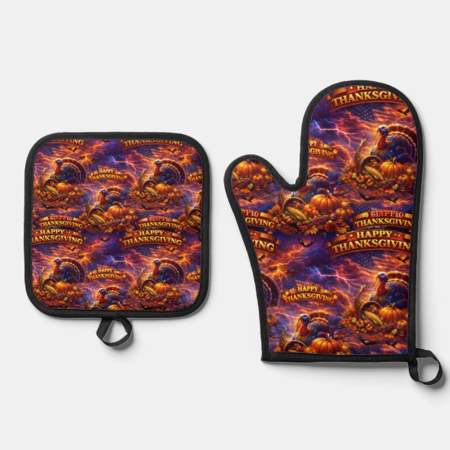 Epic harvest glow happy Thanksgiving oven meat and Mitt & Pot Holder Set (Front)