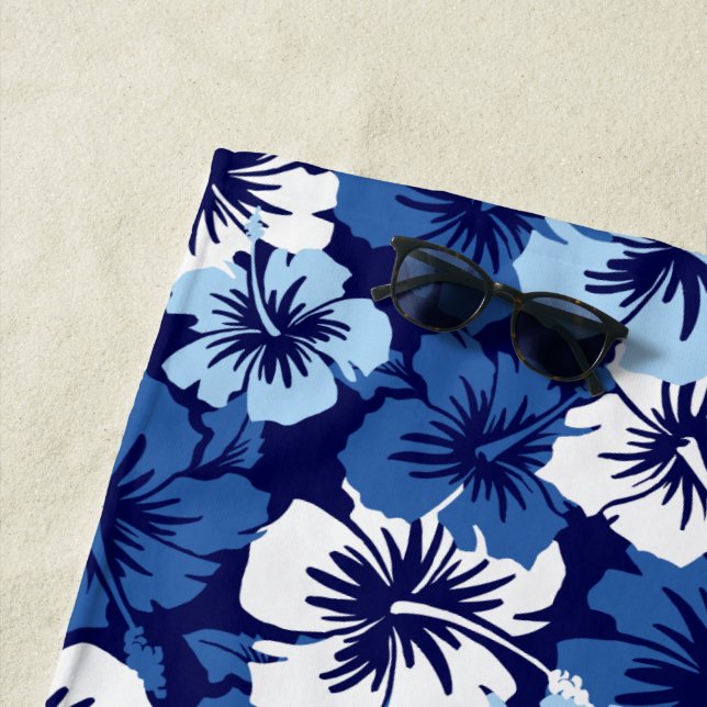 Epic Hibiscus Hawaiian Floral Aloha - Navy Beach Towel (In Situ)