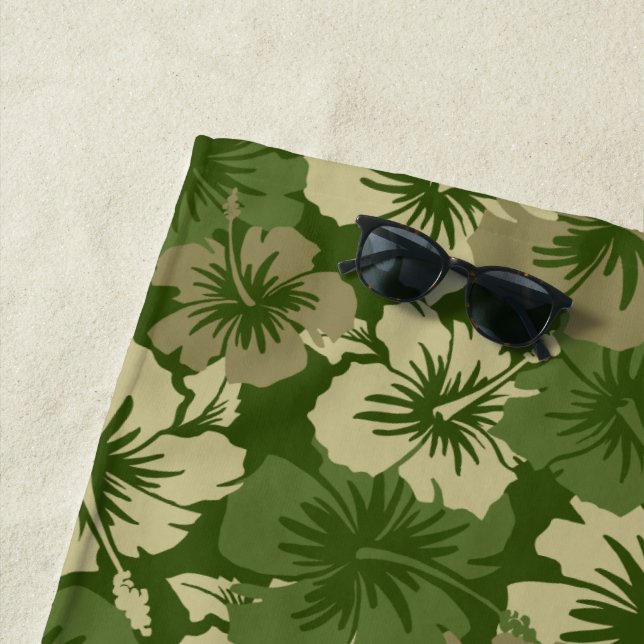Epic Hibiscus Hawaiian Floral Aloha - Olive Green Beach Towel (In Situ)