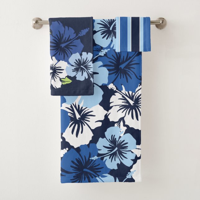 Epic Hibiscus Hawaiian Floral Coordinates Navy Bath Towel Set (Insitu)