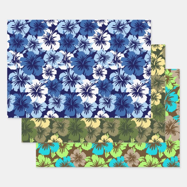 Epic Hibiscus Hawaiian Floral Trio- Blue & Olive Wrapping Paper Sheet (Set)
