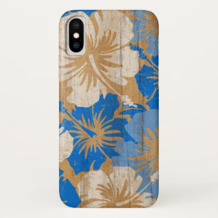 Epic Hibiscus Vintage Surfboard Faux Wood in Blue iPhone X Case