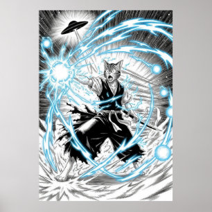 Epic Manga Style Cat Warrior Energy Blast UFO Poster