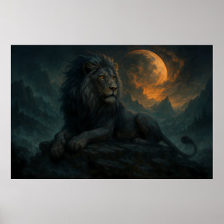 Epic Moonlit Lion – Celestial Mountain Guardian –  Poster