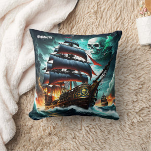 Epic Pirate Ship Battling Stormy Seas at Dusk Cushion