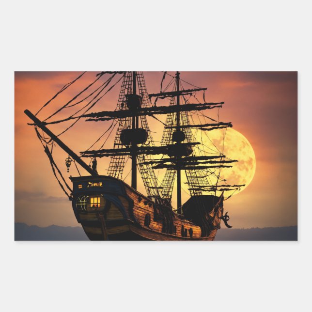 Epic Pirate Ship Silhouette Sunset Moon Large Circ Rectangular Sticker (Front)