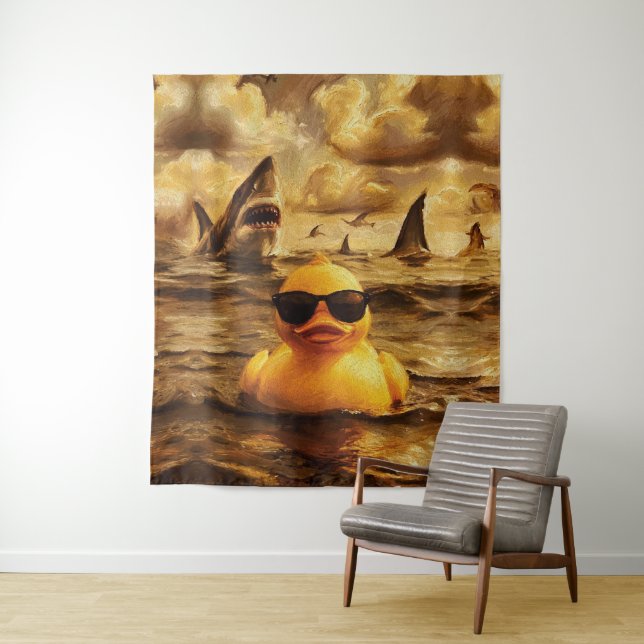 Epic Shark Attack with Brave Rubber Duck Tapestry (In Situ)