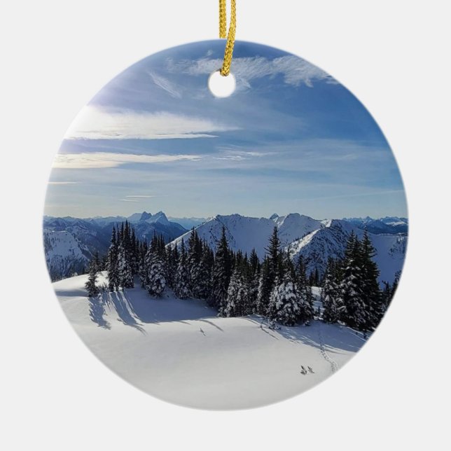 Epic Snow and Mountain View Ceramic Ornament (Front)
