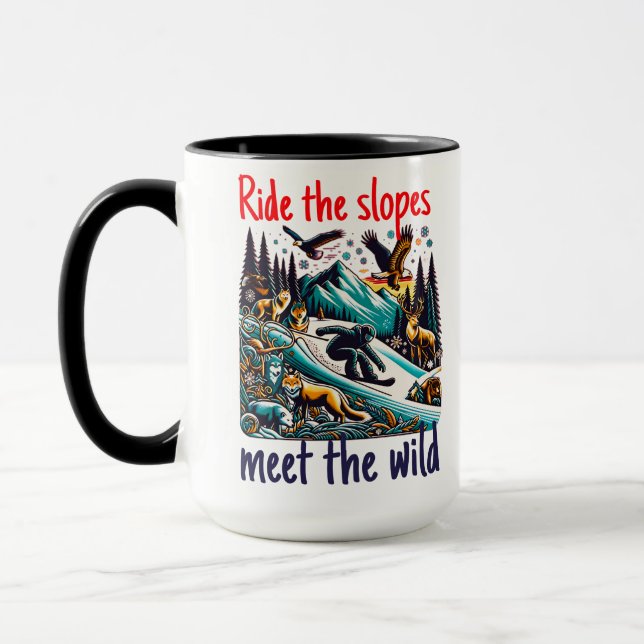 Epic Snowboarding Adventure Wildlife Scene Mug (Left)