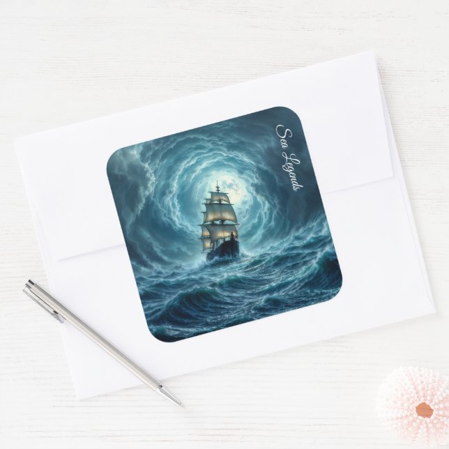 Epic storm boat moon waves adventure square sticker (Envelope)