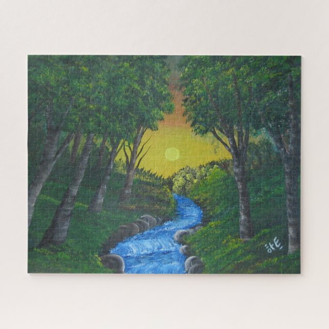 Epic Sunset Forest Stream Unique Landscape Jigsaw Puzzle (Horizontal)