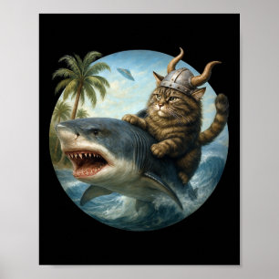Epic Viking Cat Surfing Shark Quirky Cat Ocean Adv Poster