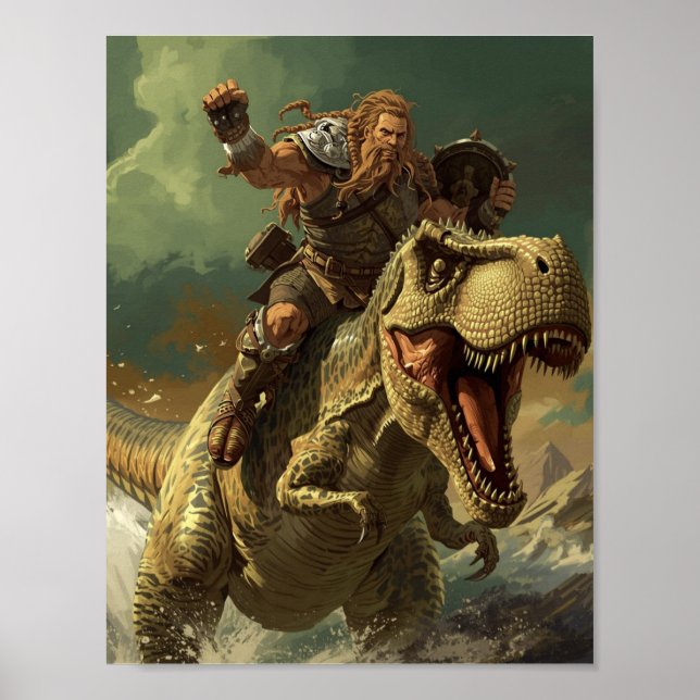 Epic Viking Warrior Riding a Roaring T-Rex Poster (Front)