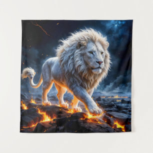 Epic White Lion Made of Flames Tapestry