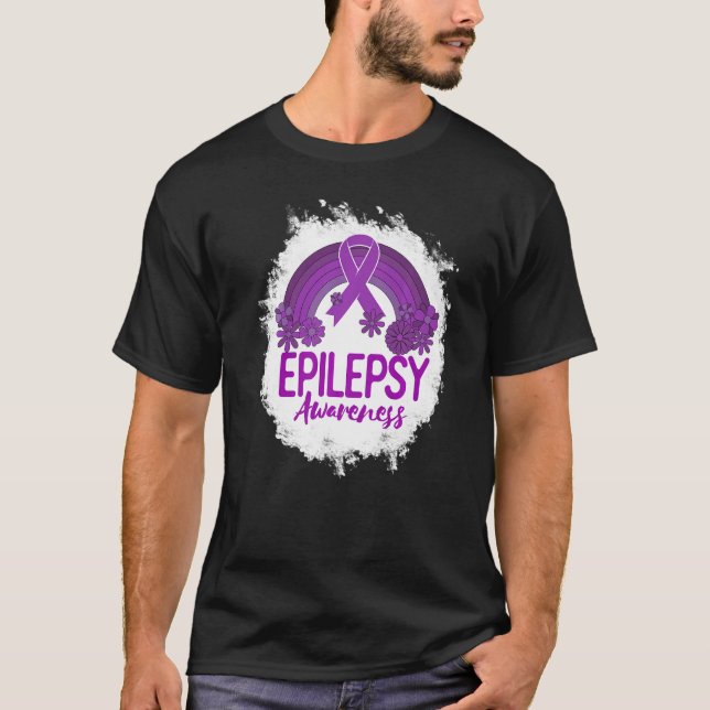 Epilepsy Awareness Bleached Rainbow Purple Ribbon  T-Shirt (Front)