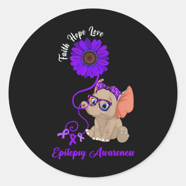 Epilepsy Awareness Elephant Faith Hope Love Sunflo Classic Round Sticker (Front)