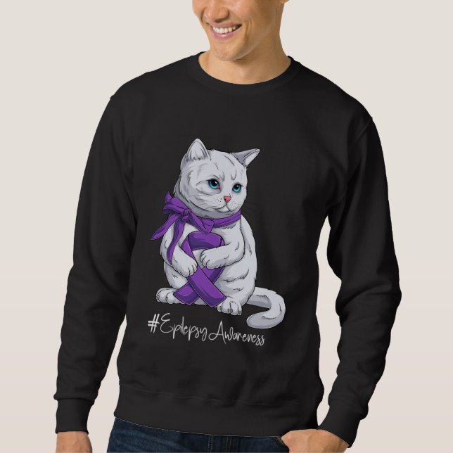 Epilepsy Awareness Month Purple Ribbon Cat Sweatshirt (Front)