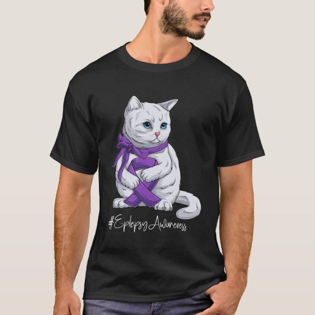 Epilepsy Awareness Month Purple Ribbon Cat T-Shirt (Front)