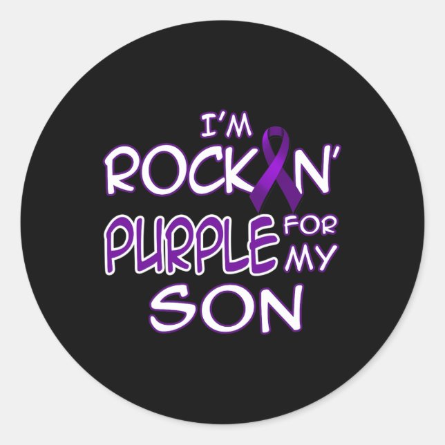Epilepsy Awareness Rockin' Purple Ribbon For My So Classic Round Sticker (Front)