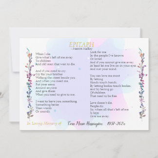 Epitaph Poem Watercolor Memorial Flat Card