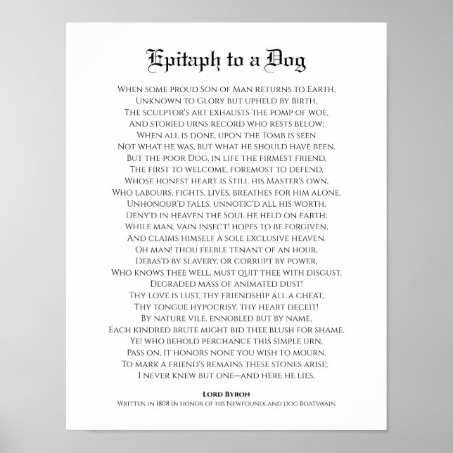 Epitaph to a Dog, Lord Byron Poem Poster (Front)
