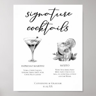 Epresso Martini Mojito Black White Cocktails Poster