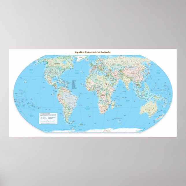 Equal-Earth World Map of Countries, Centred on 0° Poster (Front)