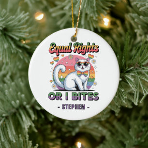 Equal Rights – Funny Cute White Cat LGBTQ Pride Ceramic Ornament