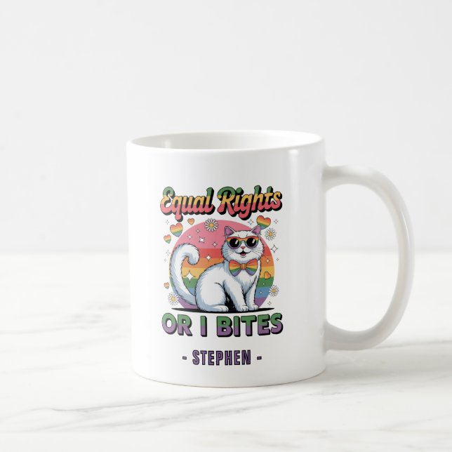 Equal Rights – Funny Cute White Cat LGBTQ Pride Coffee Mug (Right)