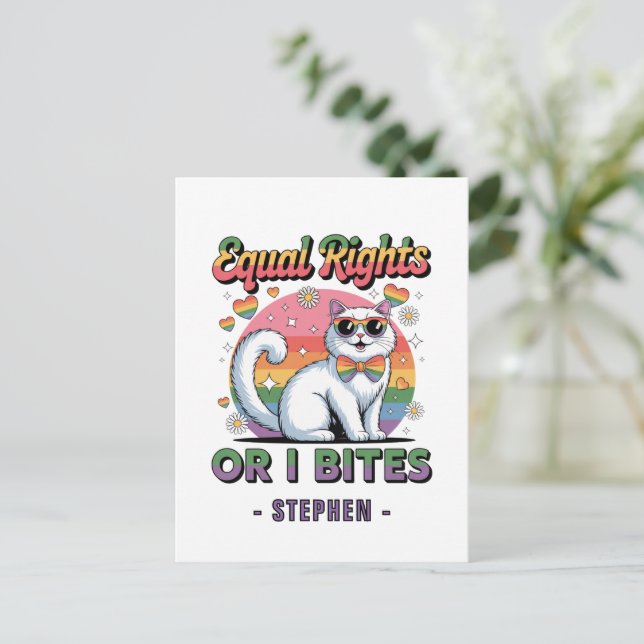 Equal Rights – Funny Cute White Cat LGBTQ Pride Postcard (Standing Front)