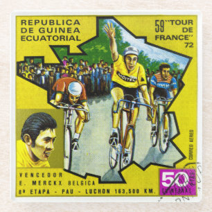 Equatorial Guinea Cyclists Historical Stamp Glass Coaster