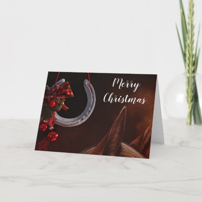 Equestrian Christmas Hanging Horseshoe Holiday Card (Front)