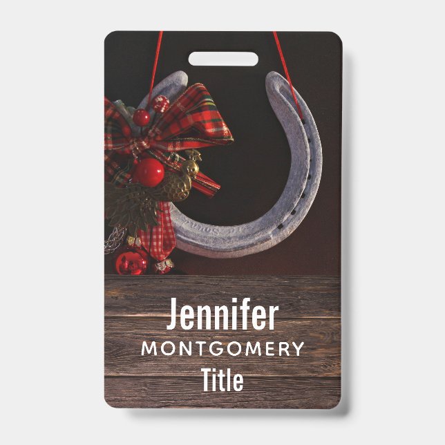 Equestrian Christmas Hanging Horseshoe Photo ID Badge (Front)