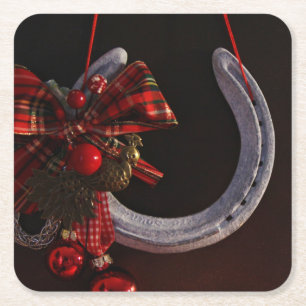 Equestrian Christmas Hanging Horseshoe Photo Square Paper Coaster