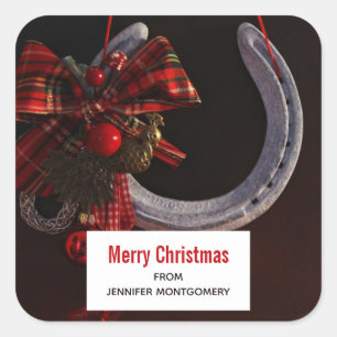 Equestrian Christmas Hanging Horseshoe Photo Square Sticker