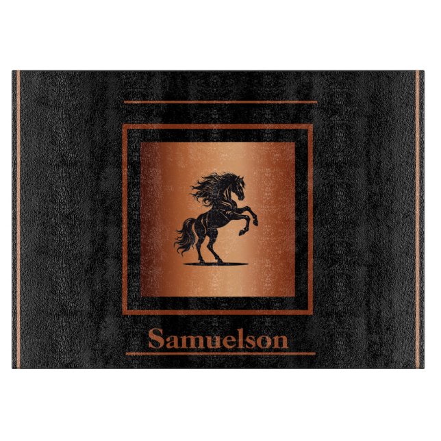 Equestrian Copper-Embellished Personalized Glass Cutting Board (Front)