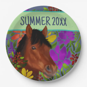Equestrian Flower Lover Brown Horse Paper Plate