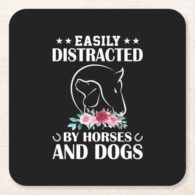 Equestrian Gift | Easily Distracted By Horses Square Paper Coaster (Front)